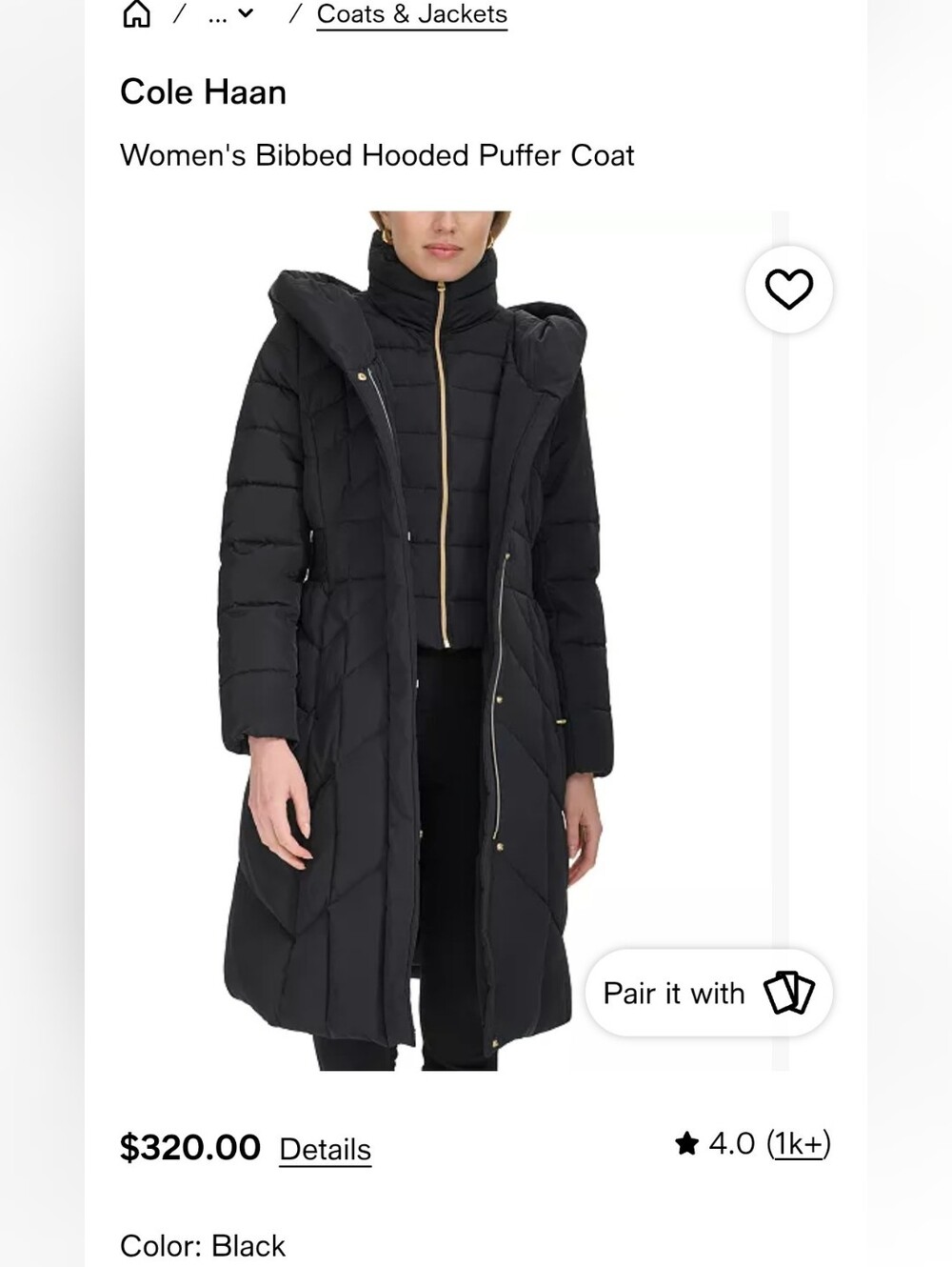 Cole Haan Black Long Quilted Puffer Coat with Hood